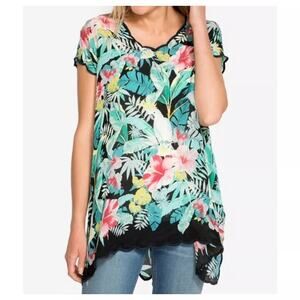 Johnny Was Short Sleeve Cupra Rayon Tropical Tunic Scallop V-Neck Sz Small